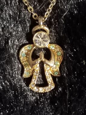 Gold-Tone Angel Pendant Necklace with Clear and Green Crystals 10"